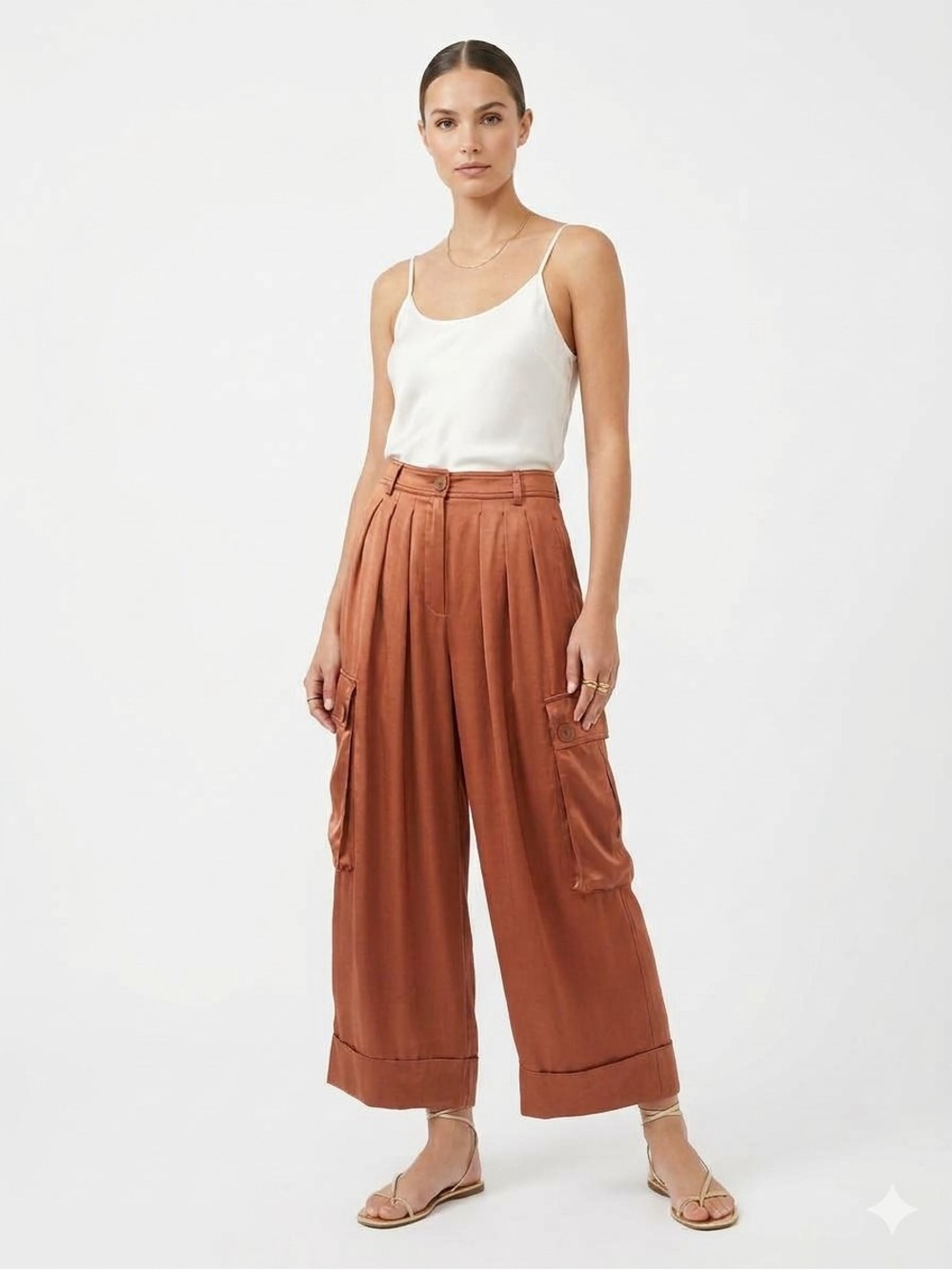 By Anthropologie Satin Wide Leg Cargo Pants Size XS Copper Rust Orange Palazzo
